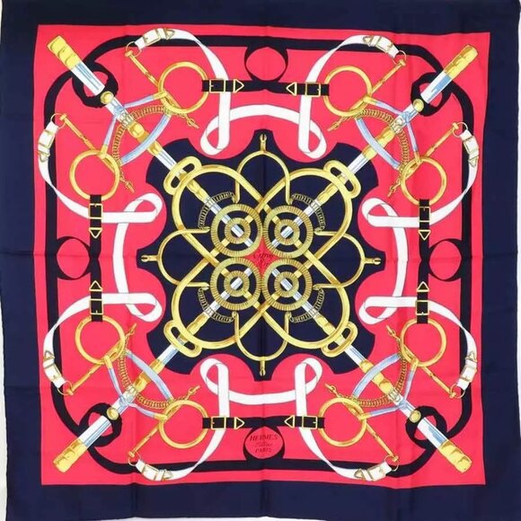 Auth HERMES Carre 90 Scarf Navy/Red/Multicolor Silk - Picture 1 of 16